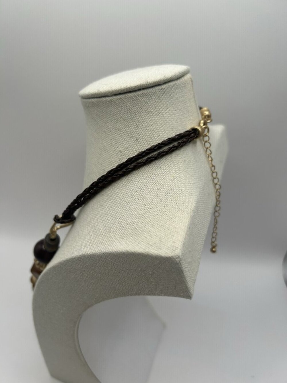 Vintage Boho Statement Necklace Wood Bead Gold Tone Brown Chunky Bib Braid Earth - Picture 7 of 13